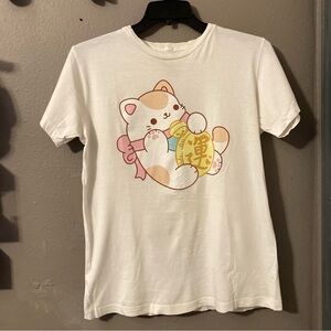 Hot Topic White Cat Graphic Tee with Pink and Tan Accents